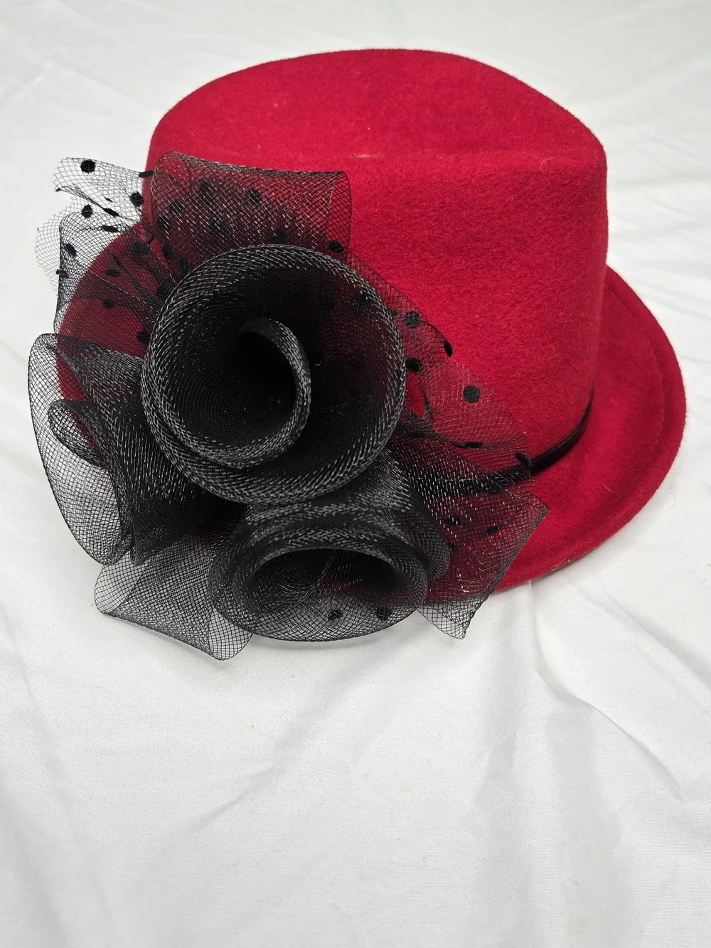 Scala Collezione Red 100% Wool Felt Hat Black Mesh Flower Fascinator One Size